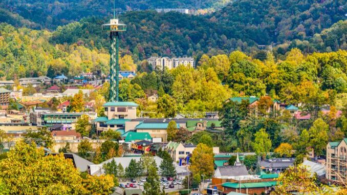 gatlinburg skyline with space needle and smoky mountains in view