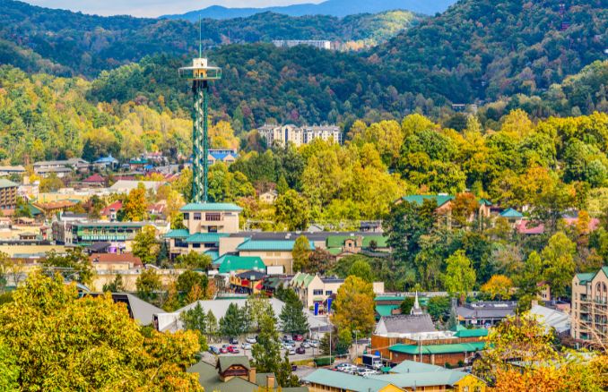 gatlinburg skyline with space needle and smoky mountains in view